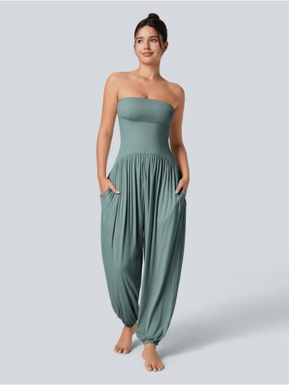 HALARA Strapless Tube Harem Jumpsuit in Sage